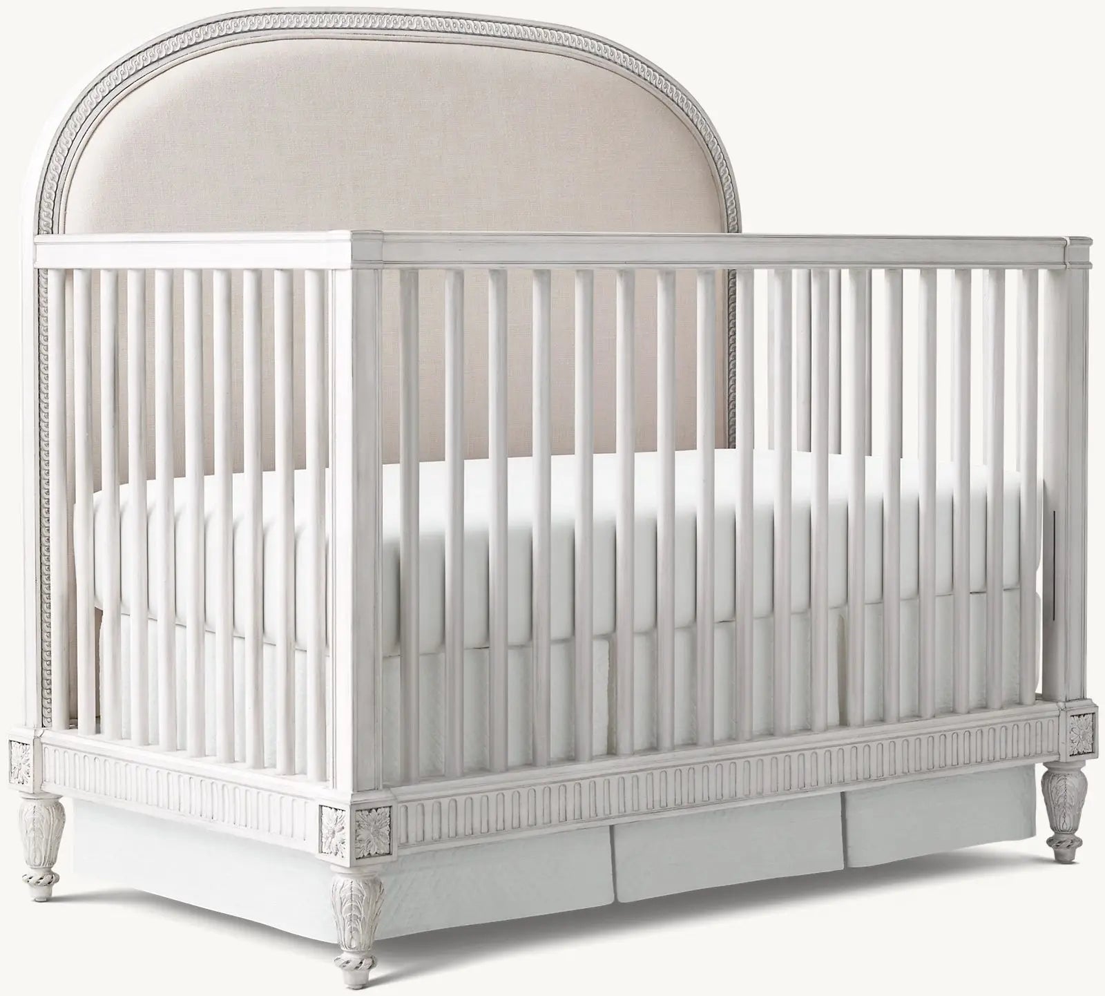 Opulent Victorian Convertible Baby Crib Distressed White Upholstered Mahogany Wood