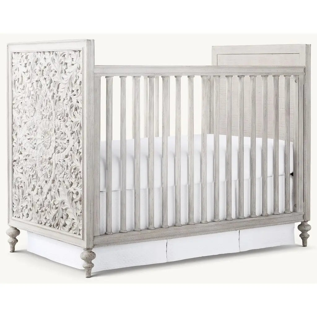 Artisan Carved Distressed White Mahogany Baby Crib - Victorian Nursery Cot
