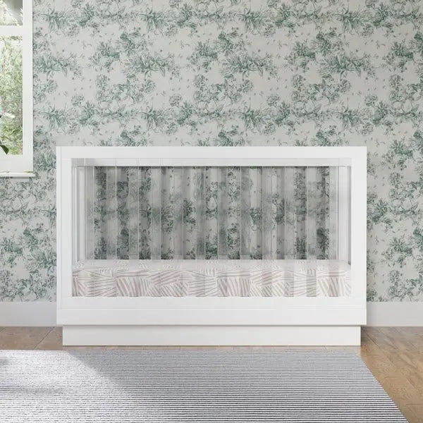 Modern White Convertible Baby Crib Clear Panels, Premium Mahogany Wood Nursery