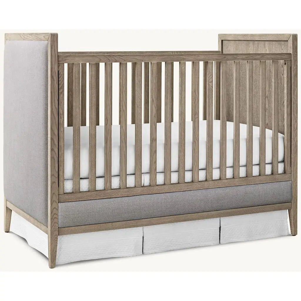 Modern Solid Teak Wood Convertible Baby Crib with Grey Upholstered Panels