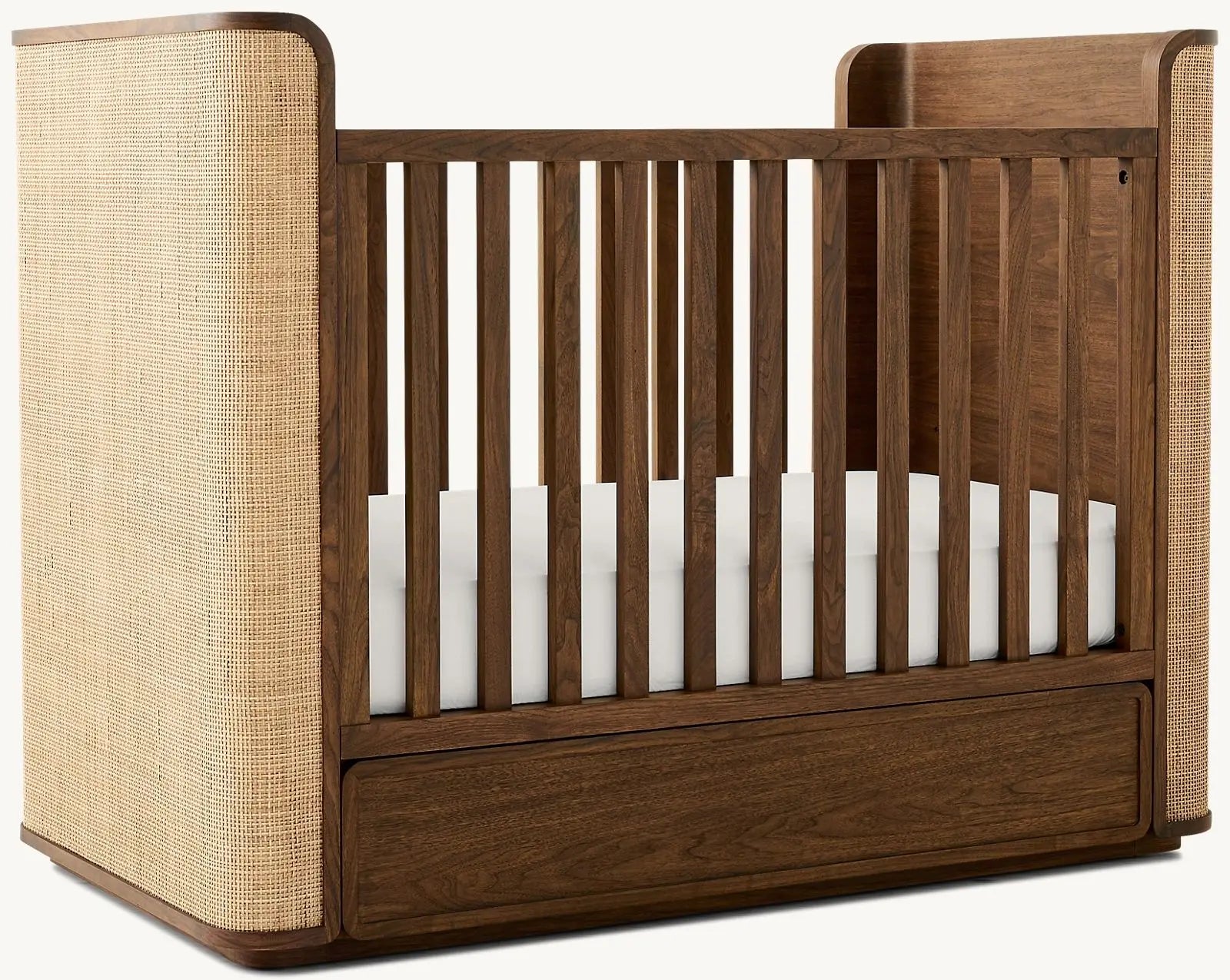 Mid-Century Modern Mahogany Wood Convertible Baby Crib with Cane Storage