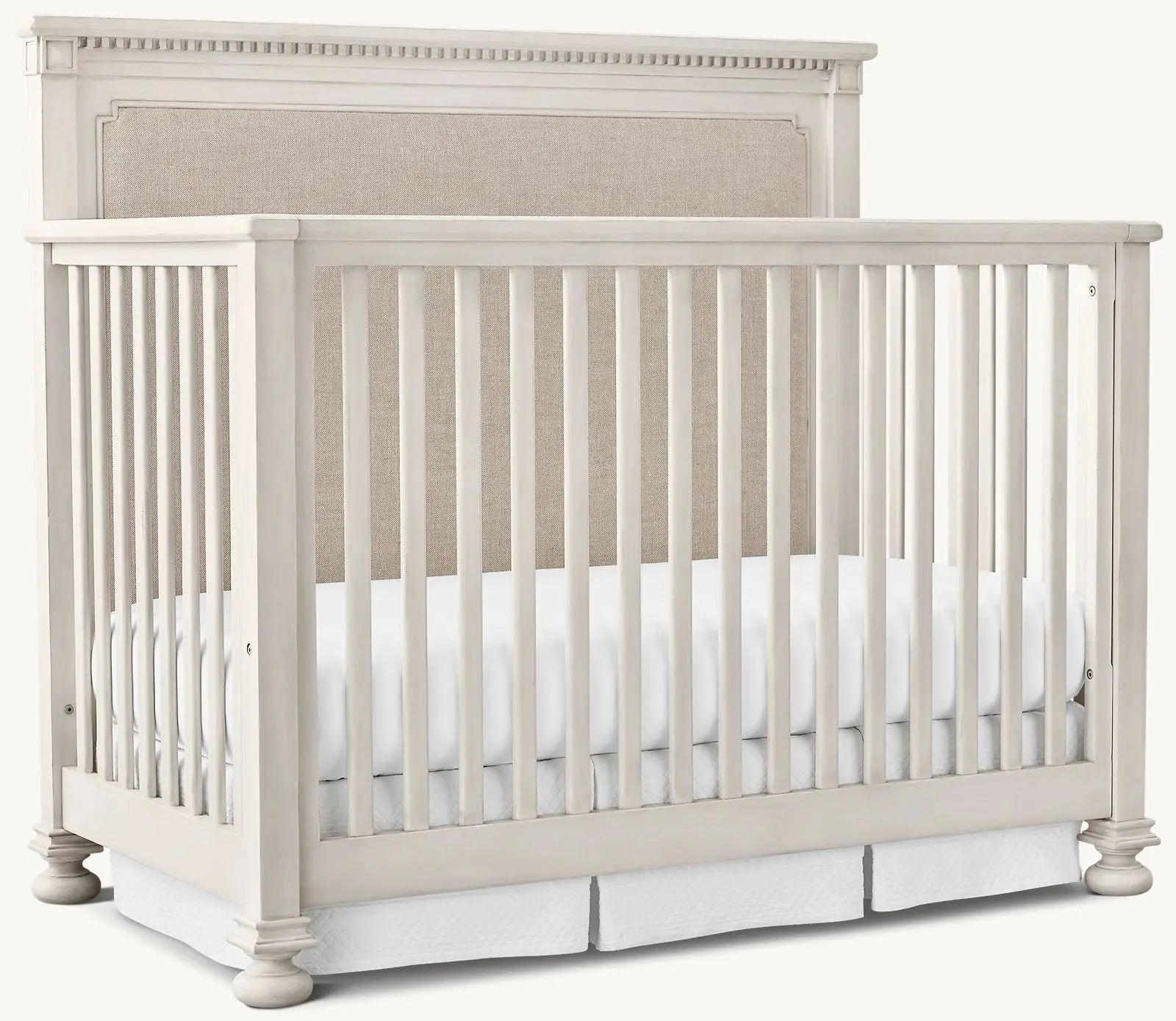 Elegant Convertible Baby Crib: Upholstered Headboard, Distressed Mahogany Wood Nursery