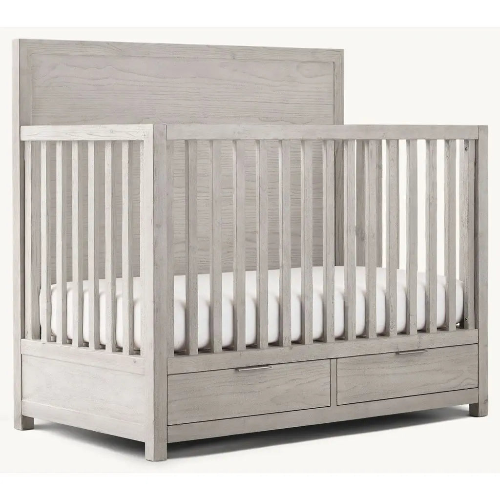 Convertible Teak Wood Baby Crib with Storage Drawers, White Washed Gray