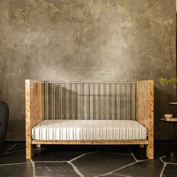 Handcrafted Teak Wood Baby Crib with Transparent Panels, Modern Nursery Cot