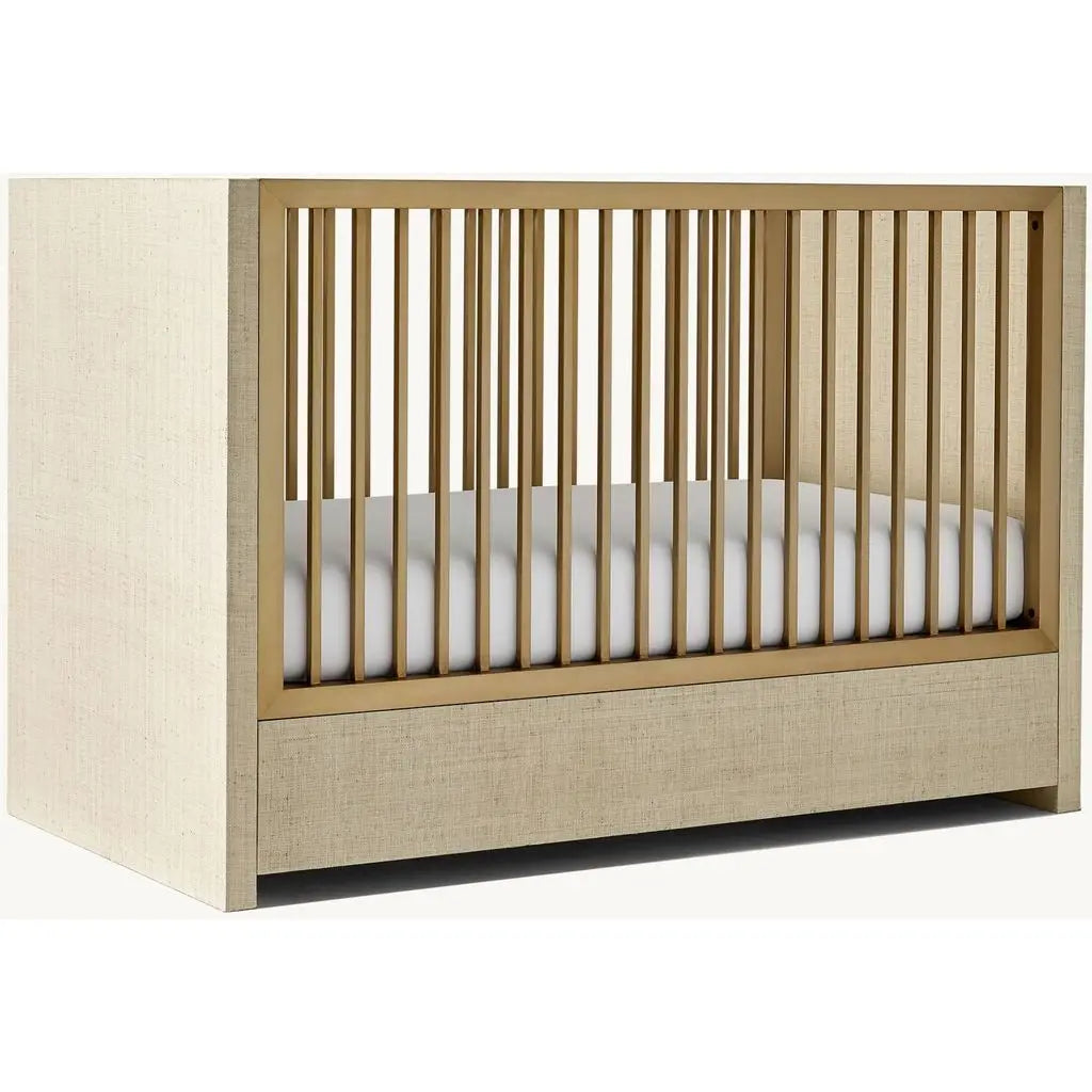 Premium Teak Wood Convertible Baby Crib, Linen Upholstery & Storage Drawer