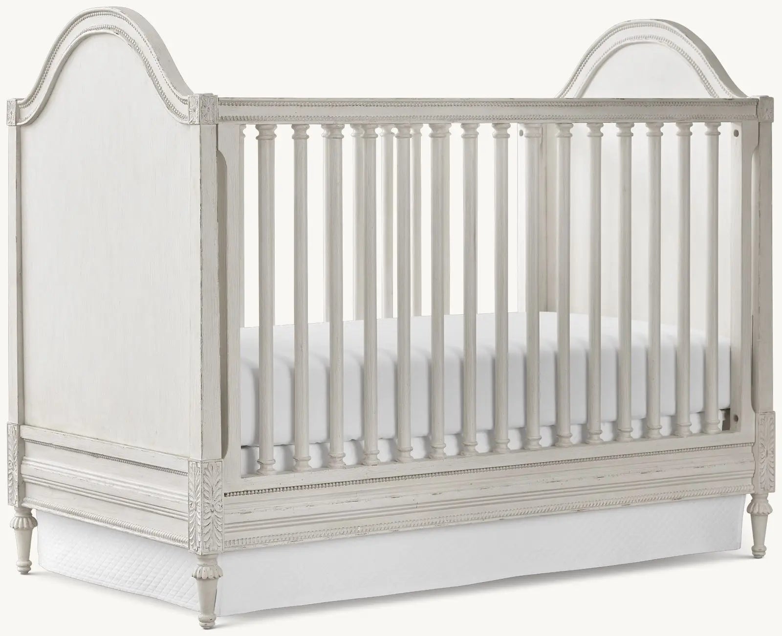Elegant French Country Convertible Baby Crib, Hand-Carved Mahogany, Distressed White Finish