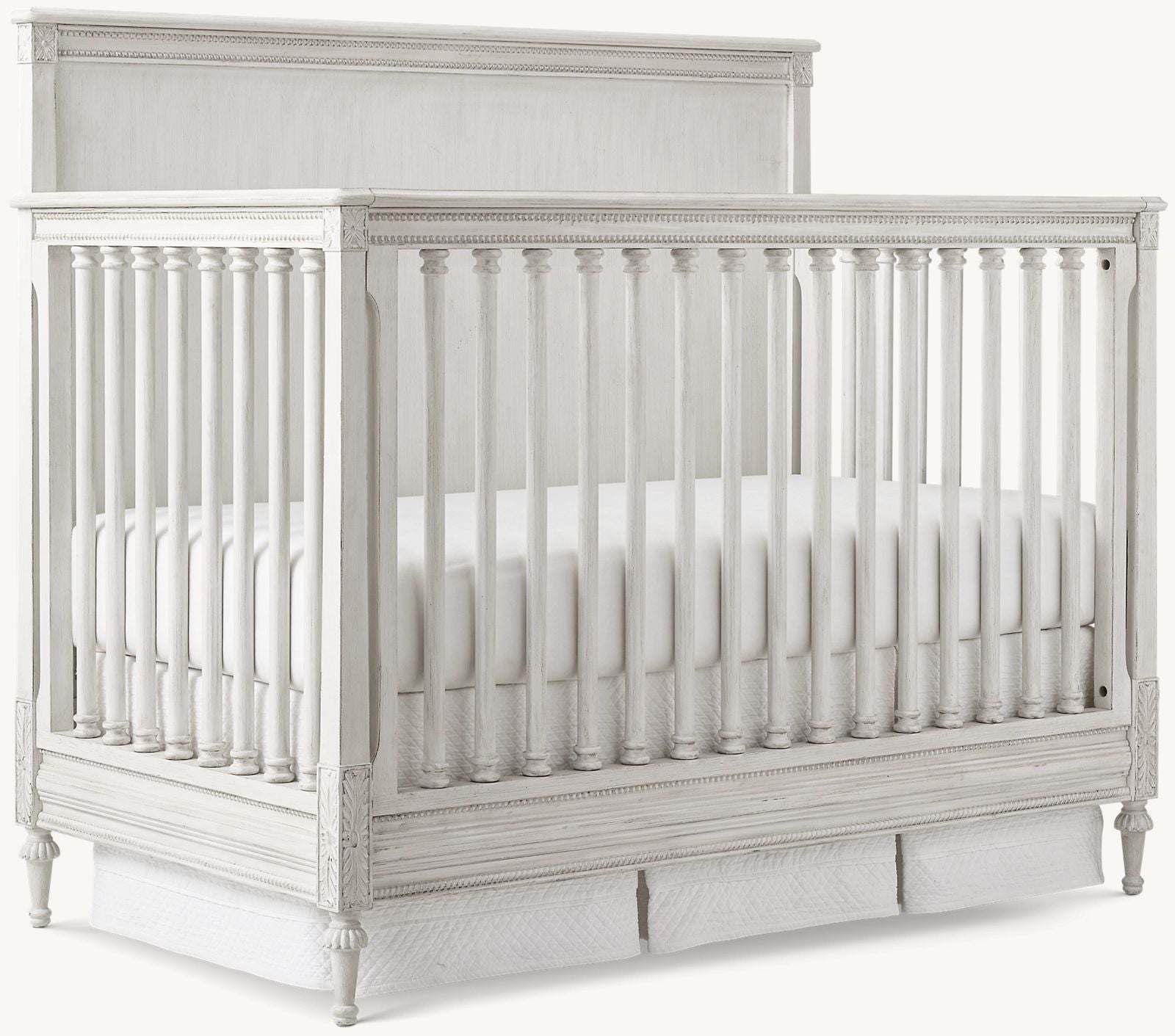 Handcrafted Distressed White Mahogany French Style Convertible Baby Crib with Carvings