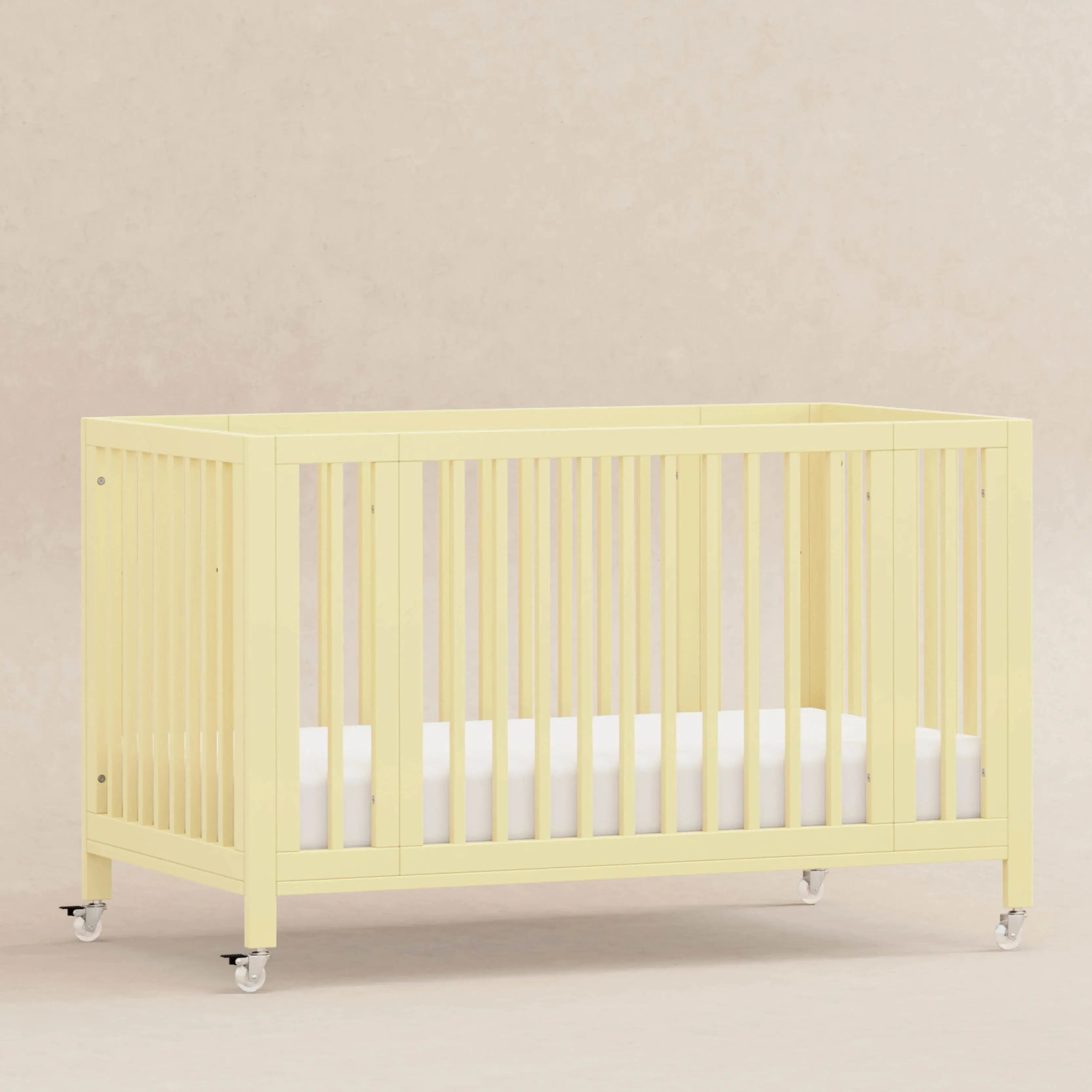 Safe, Stylish Foldable Teak Baby Crib with Wheels for Nursery