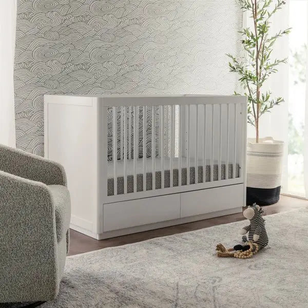 Premium Mahogany Convertible Baby Crib, White Nursery Cot with Storage