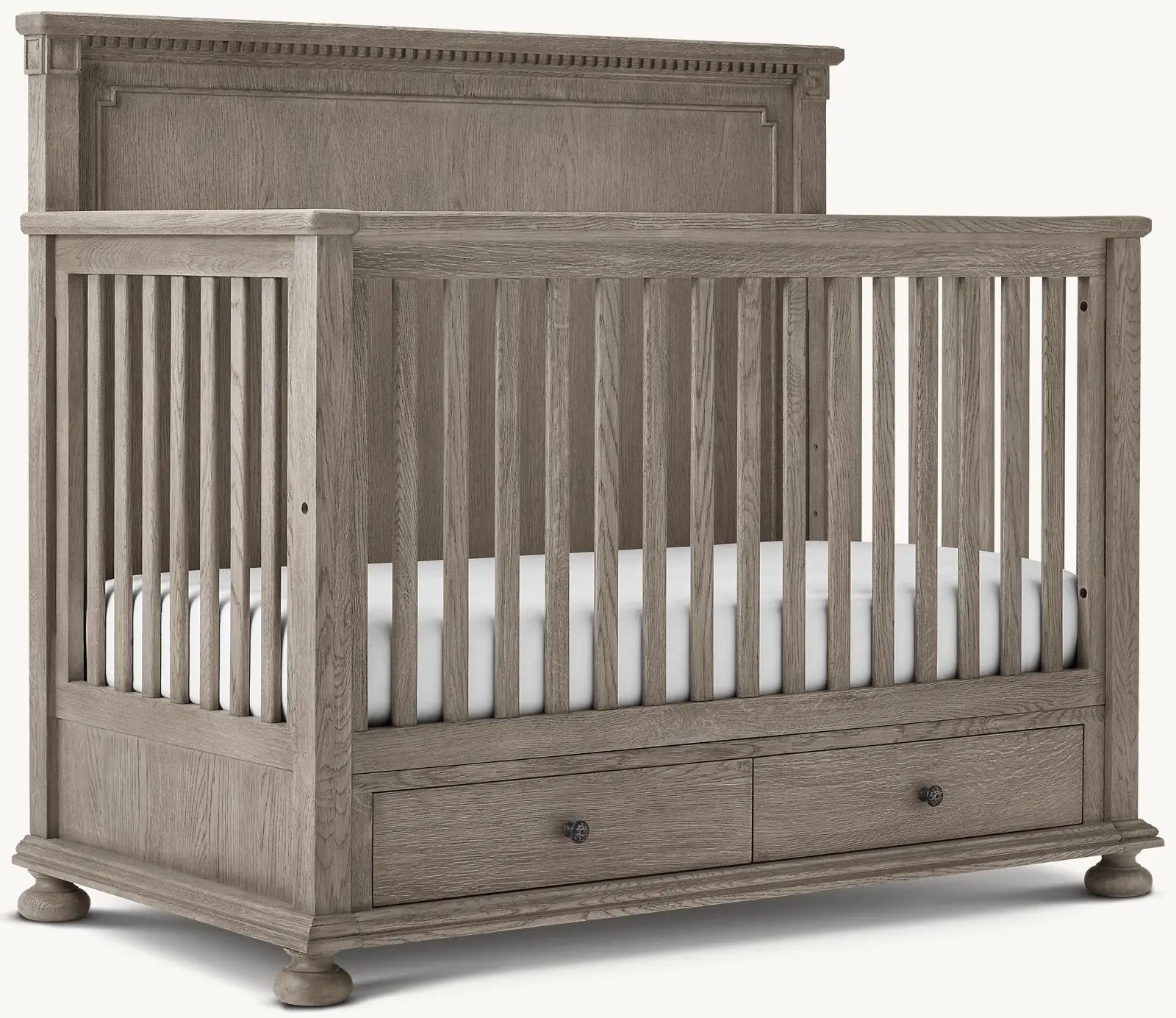 Craftsman Washed Gray Teak Convertible Baby Crib with Integrated Storage