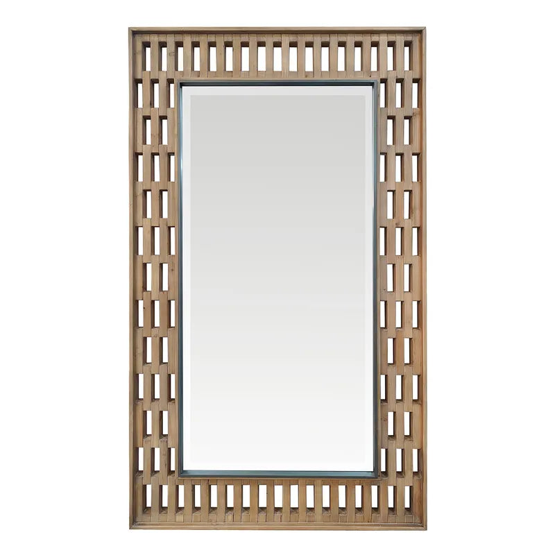 Rectangular mirror with a wooden lattice frame on a white background