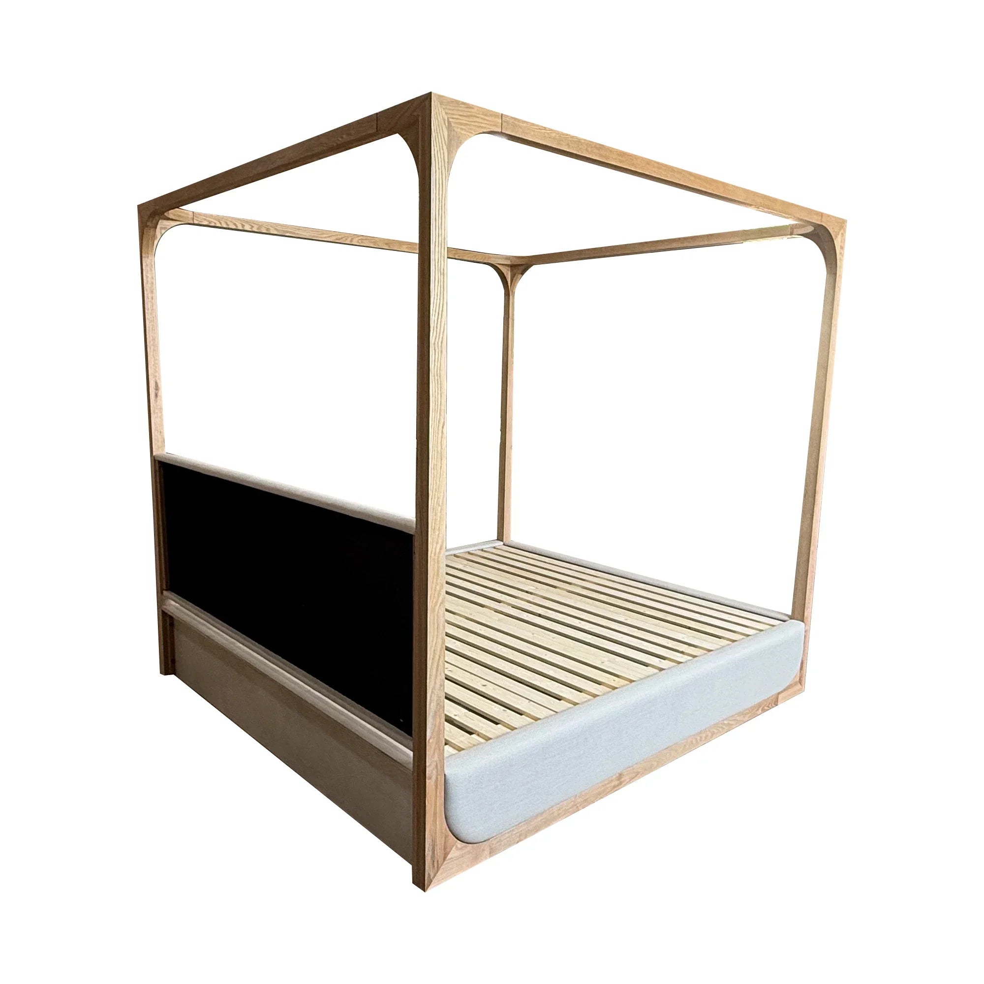 Weathered Solid Oak Upholstered Canopy Bed - Modern King/Queen Design