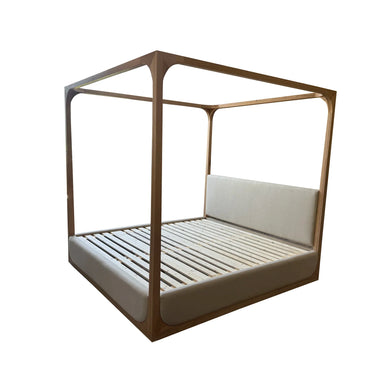 Weathered Solid Oak Upholstered Canopy Bed - Modern King/Queen Design