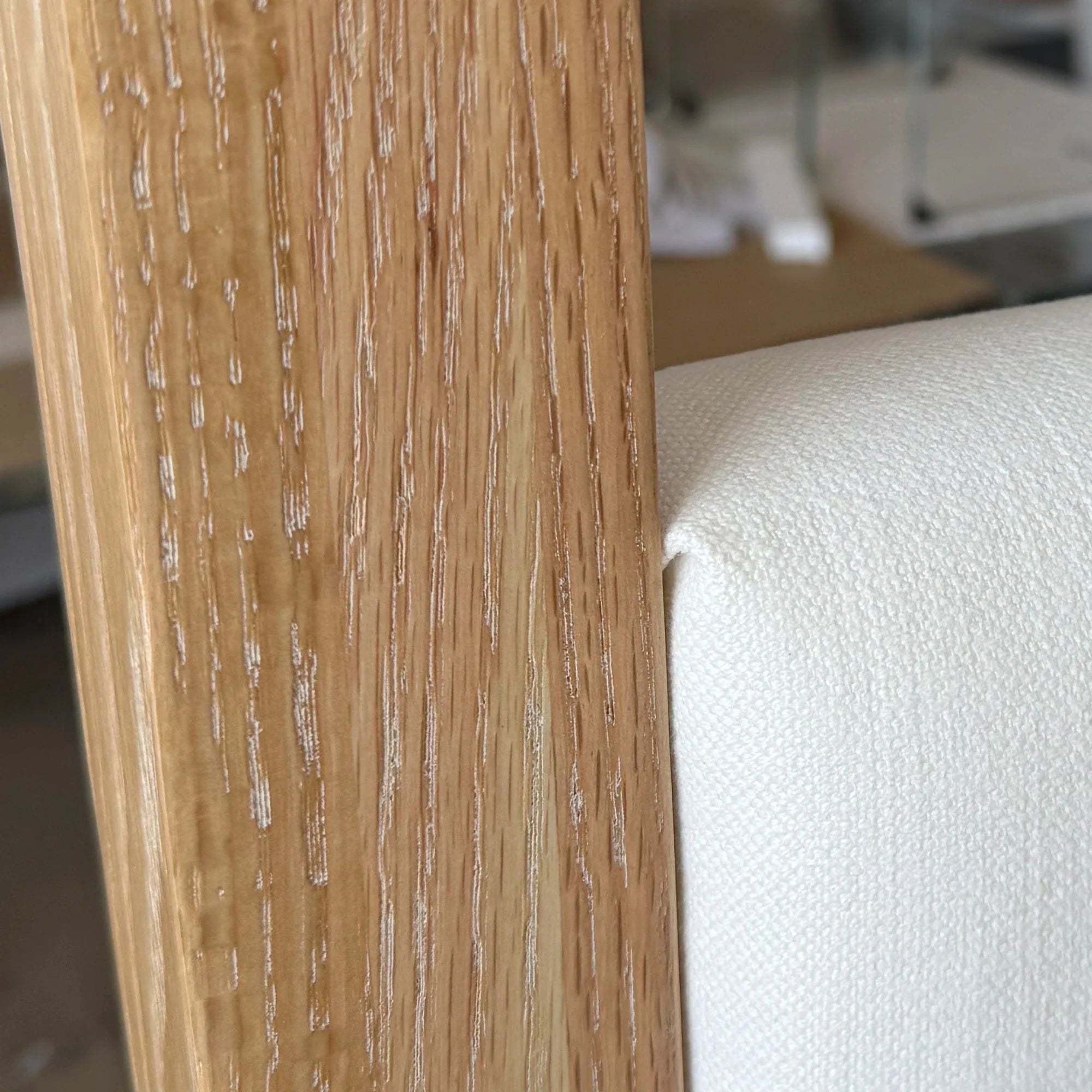 Weathered Solid Oak Upholstered Canopy Bed - Modern King/Queen Design