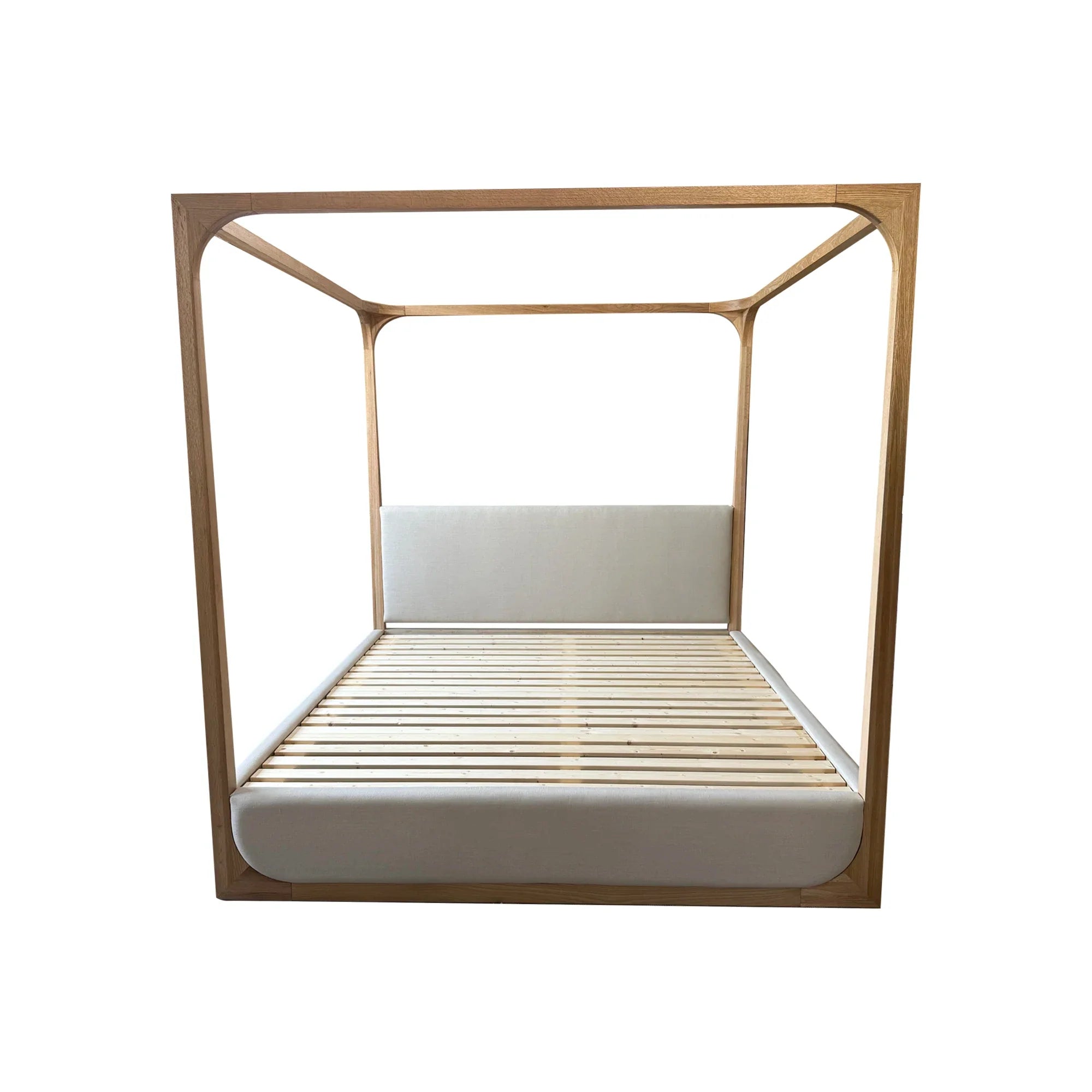 Weathered Solid Oak Upholstered Canopy Bed - Modern King/Queen Design