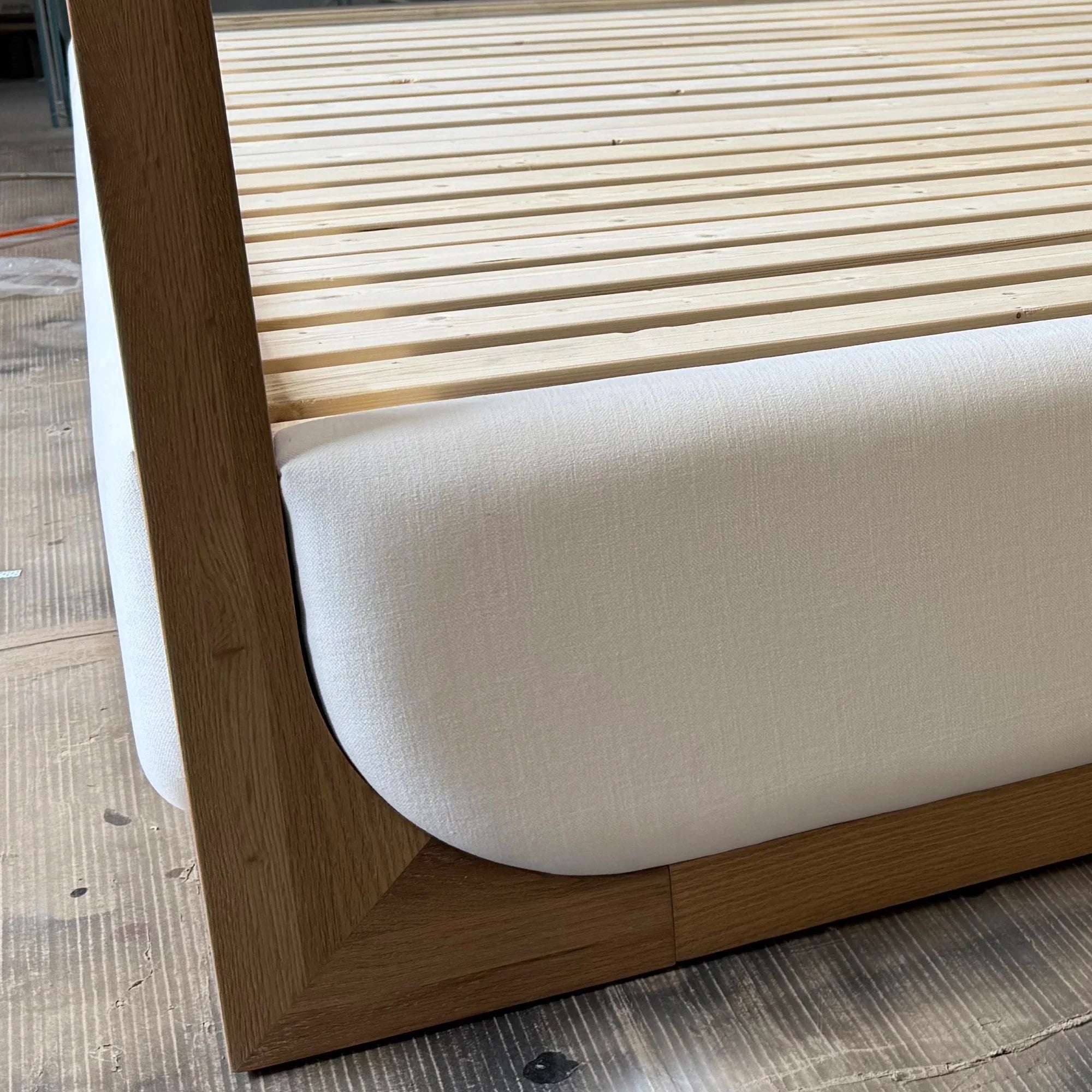 Weathered Solid Oak Upholstered Canopy Bed - Modern King/Queen Design