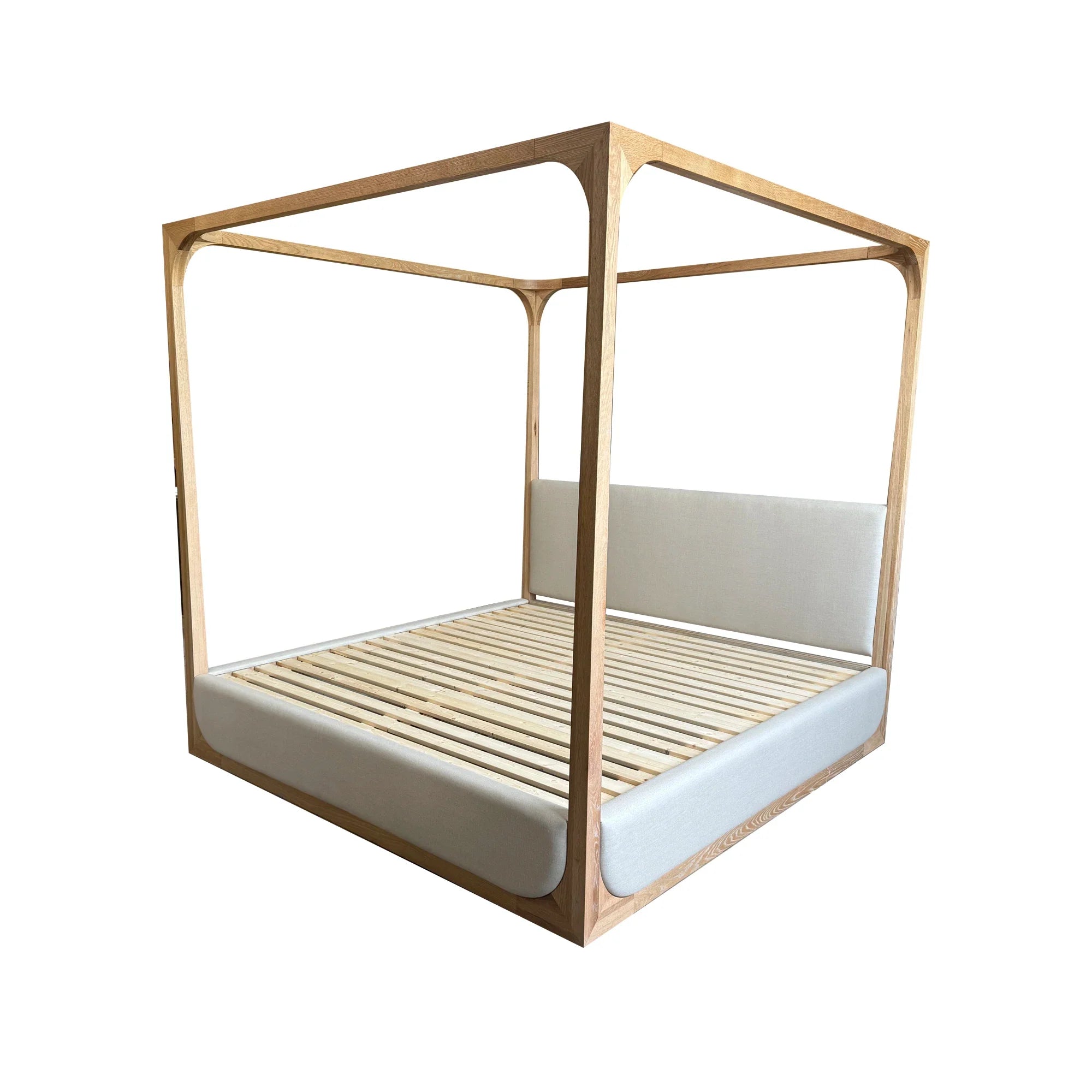 Weathered Solid Oak Upholstered Canopy Bed - Modern King/Queen Design