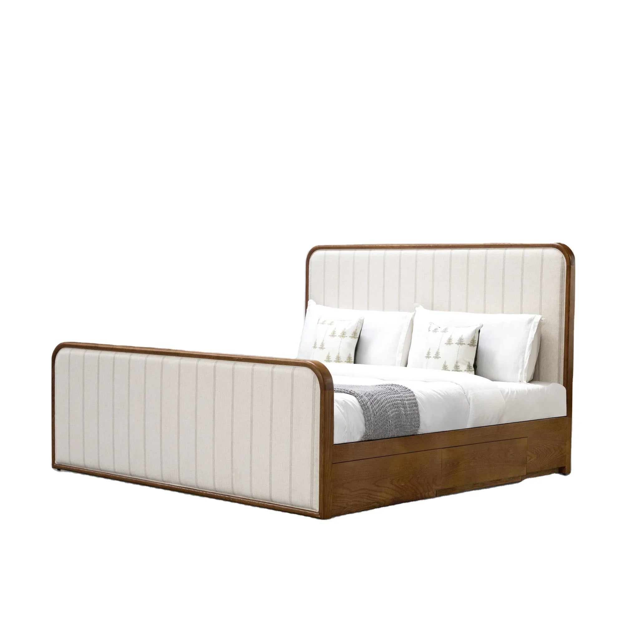 Luxurious King Size Linen Upholstered Bed Frame with Storage, Handcrafted Solid Oak