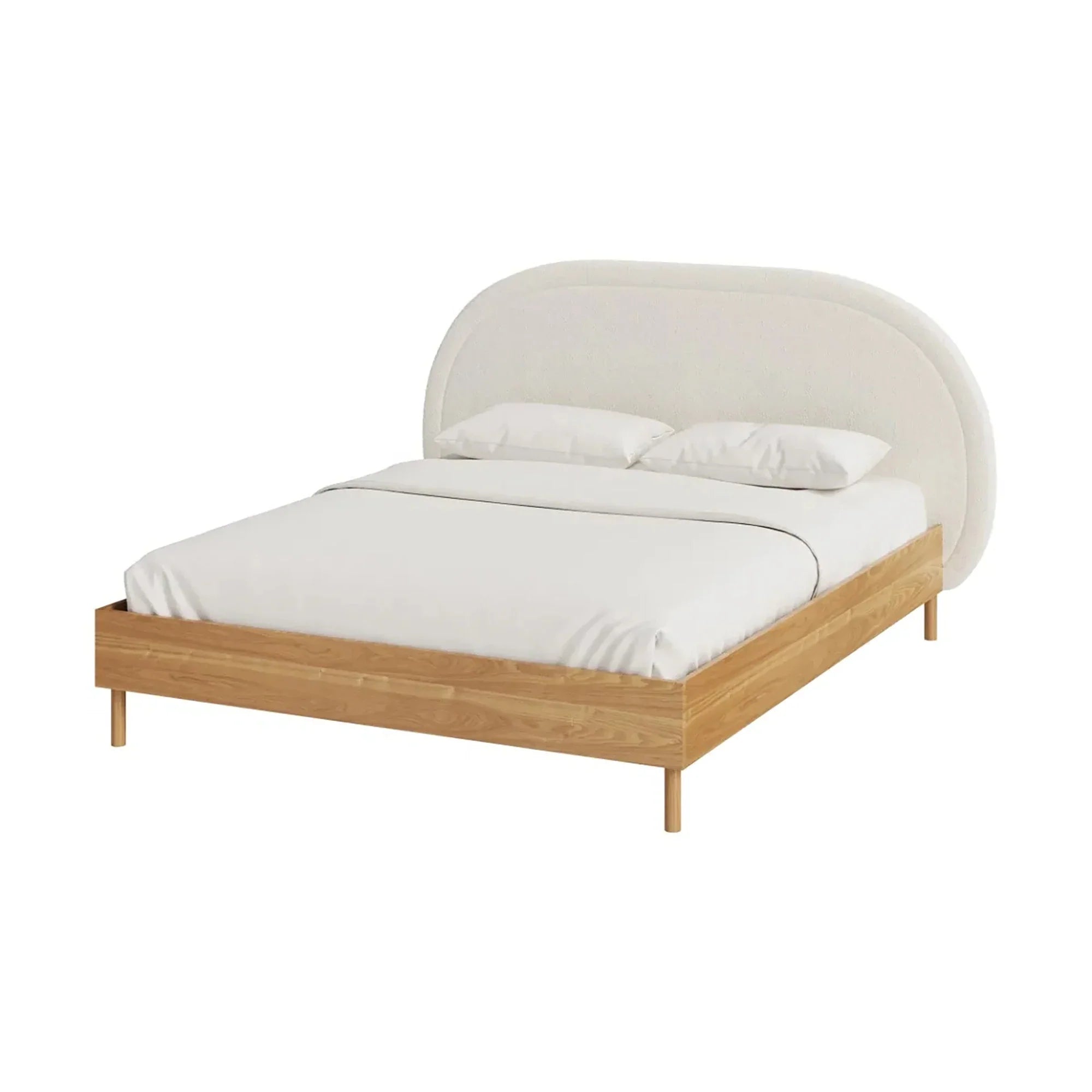 Luxurious White Boucle King Size Bed Frame - Modern Upholstered Oak Wood