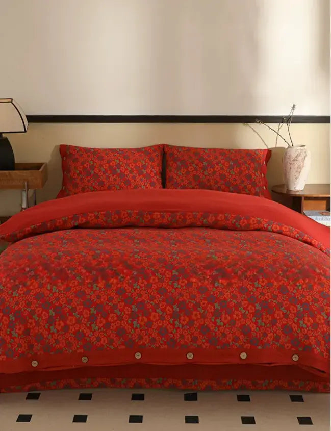 Alouette Retro Red Jacquard Bedding Set – Soft Cotton Comfort