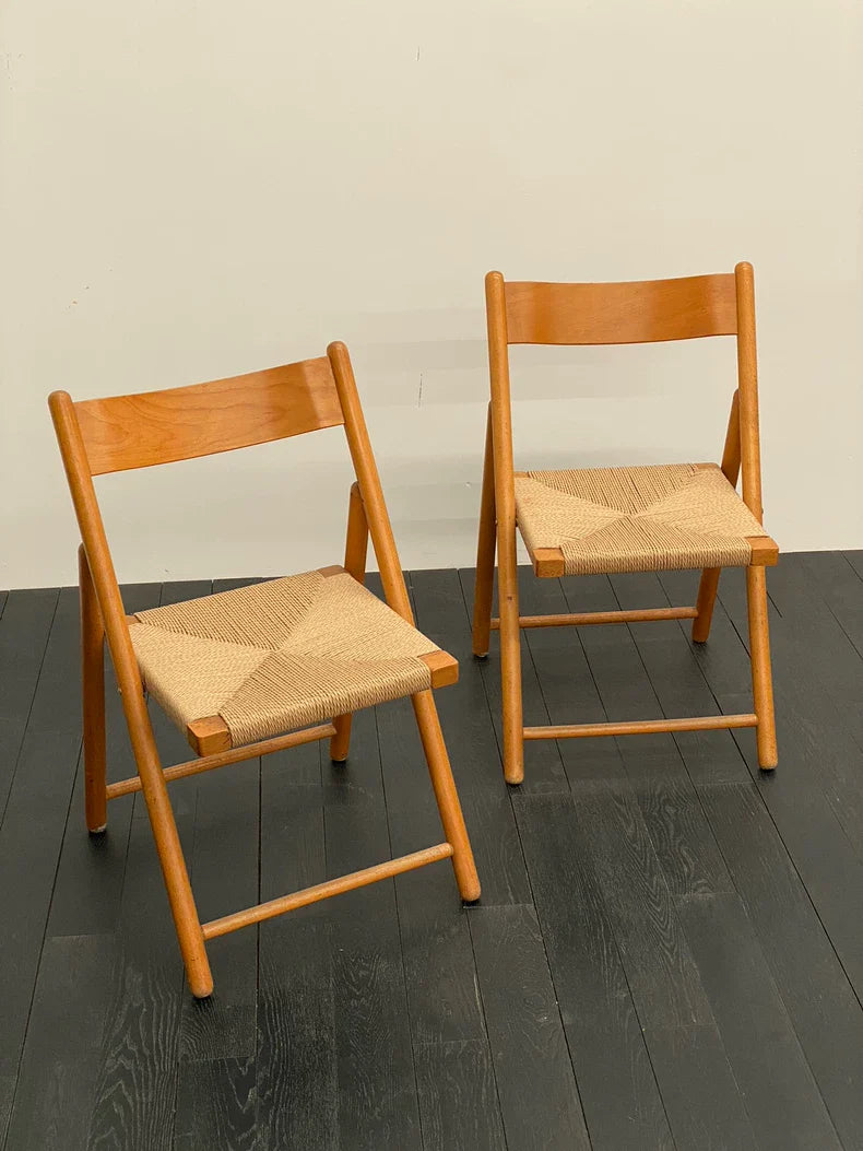 Vintage 1980s French Beech Wood Folding Chair with Rope Weave
