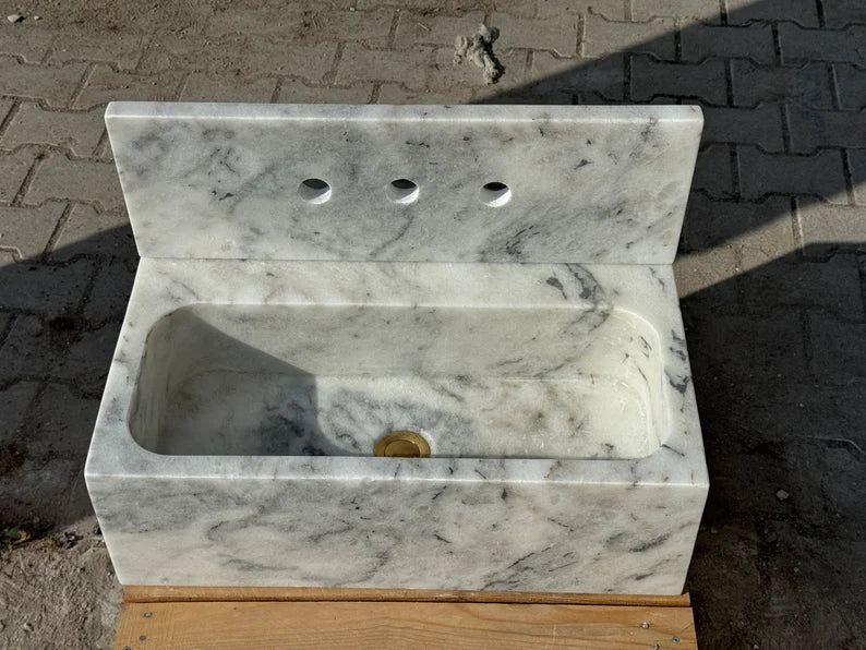 Gauthier Carrara Ribbed Backsplash Marble Sink