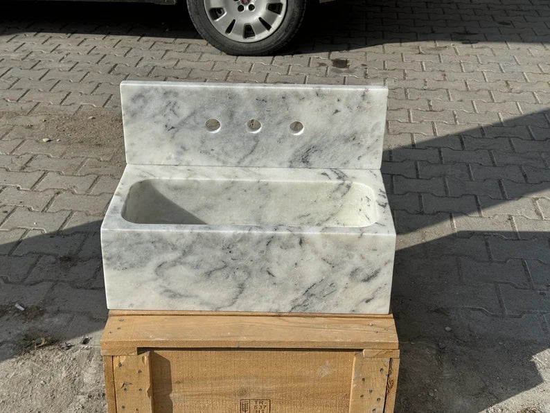 Gauthier Carrara Ribbed Backsplash Marble Sink