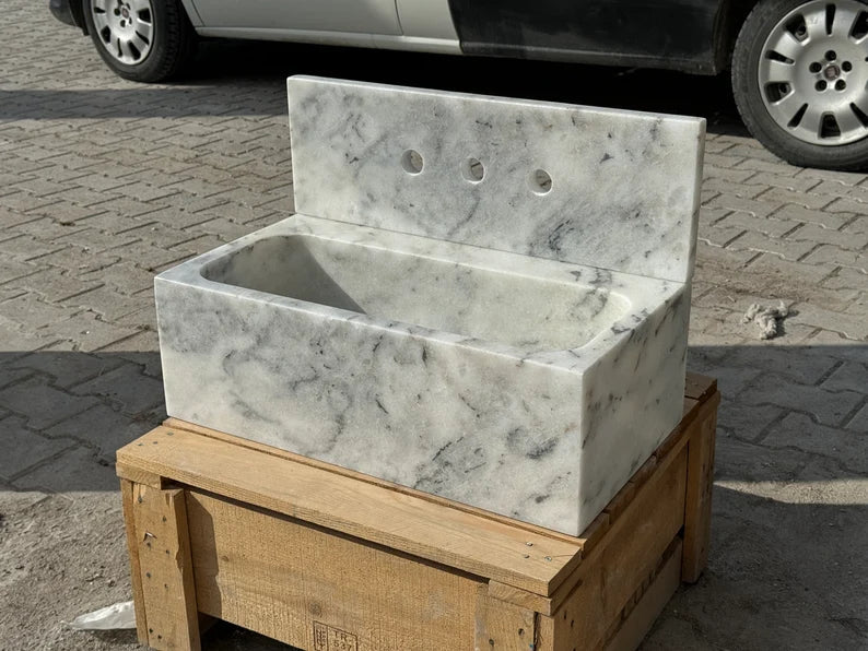 Gauthier Carrara Ribbed Backsplash Marble Sink
