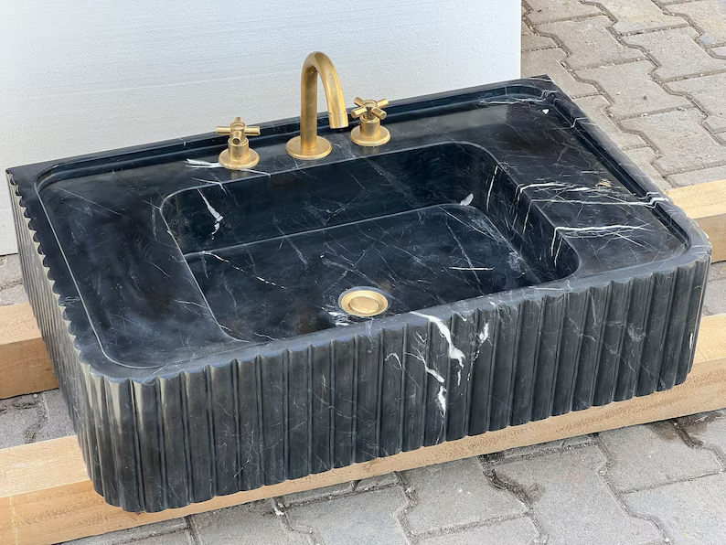 Dino Black marble sink ribbed marble Wash basin