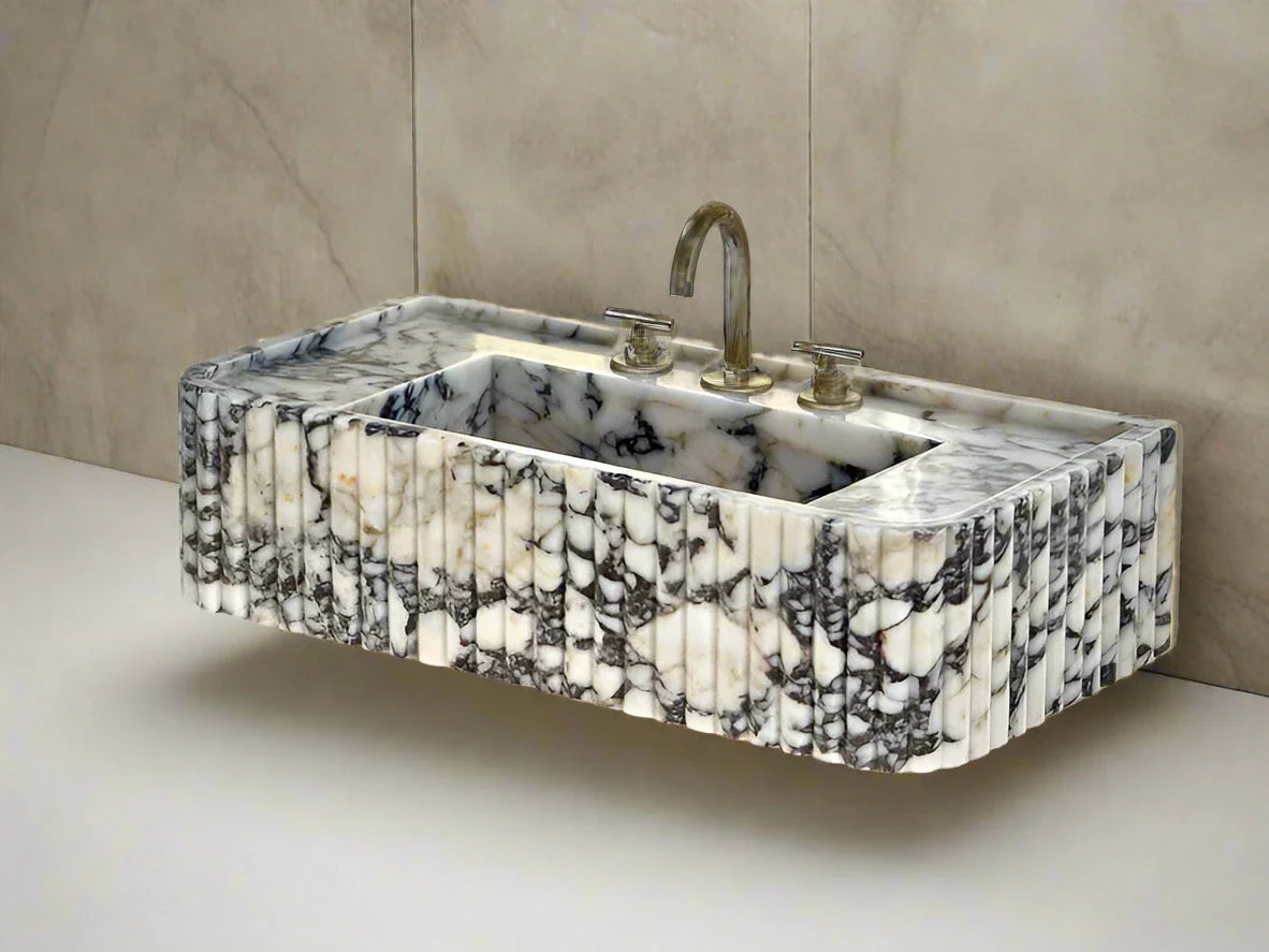 Davide Viola Marble Sink, Ribbed Sides, Trendy Bathroom Basin