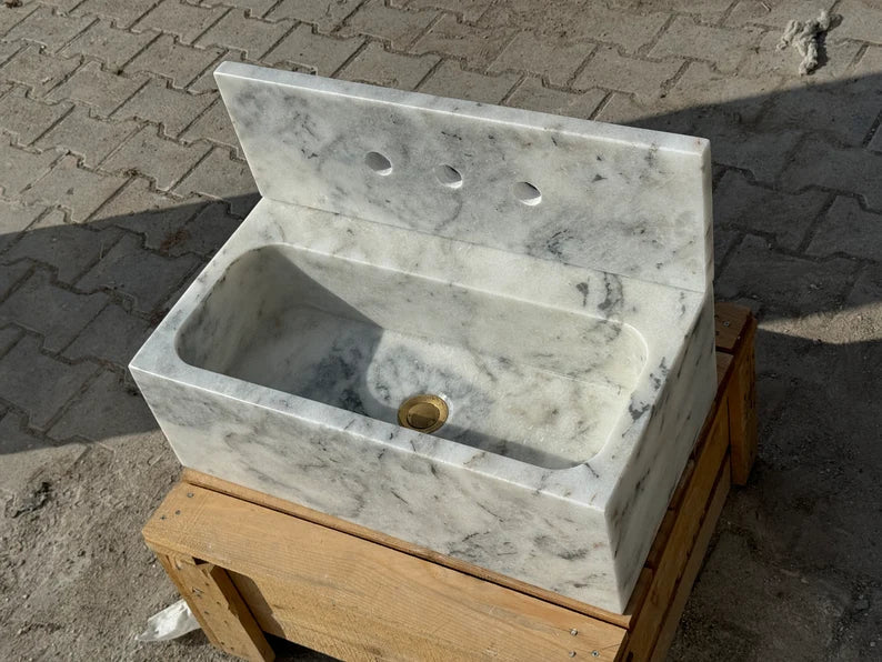 Gauthier Carrara Ribbed Backsplash Marble Sink