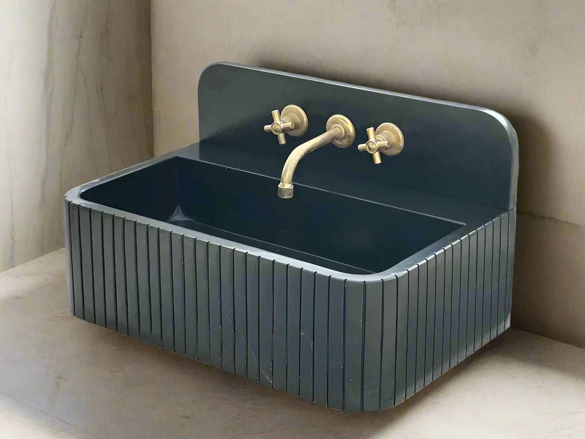 Amadeo Black Nero marquina backsplash sink ribbed Wash basin