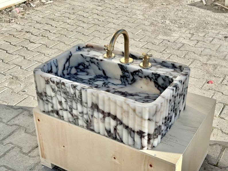 Calacatta Viola marble sink ribbed 3 Sides
