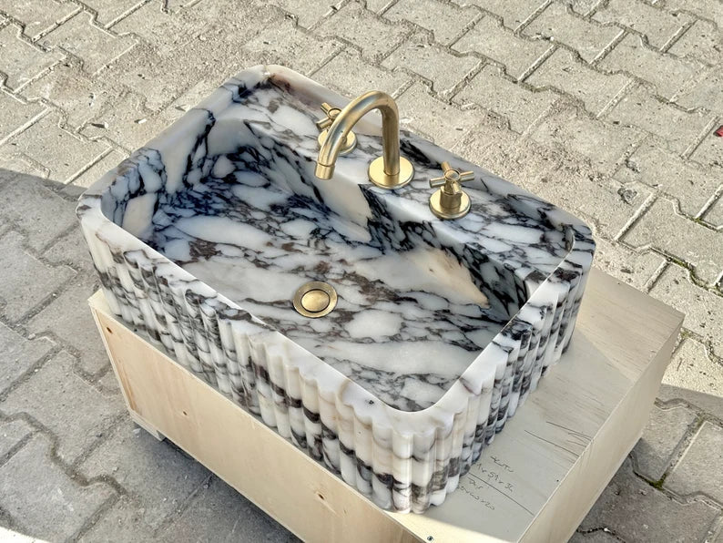 Calacatta Viola marble sink ribbed 3 Sides