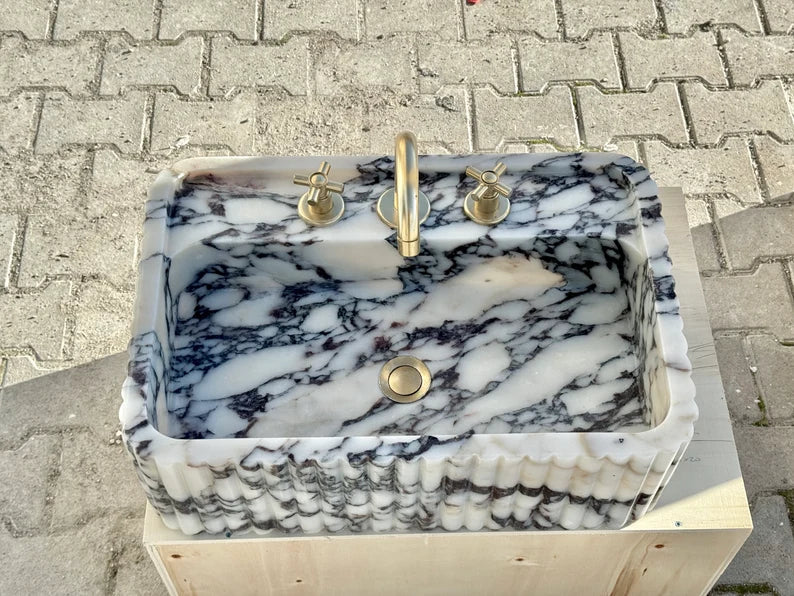 Calacatta Viola marble sink ribbed 3 Sides