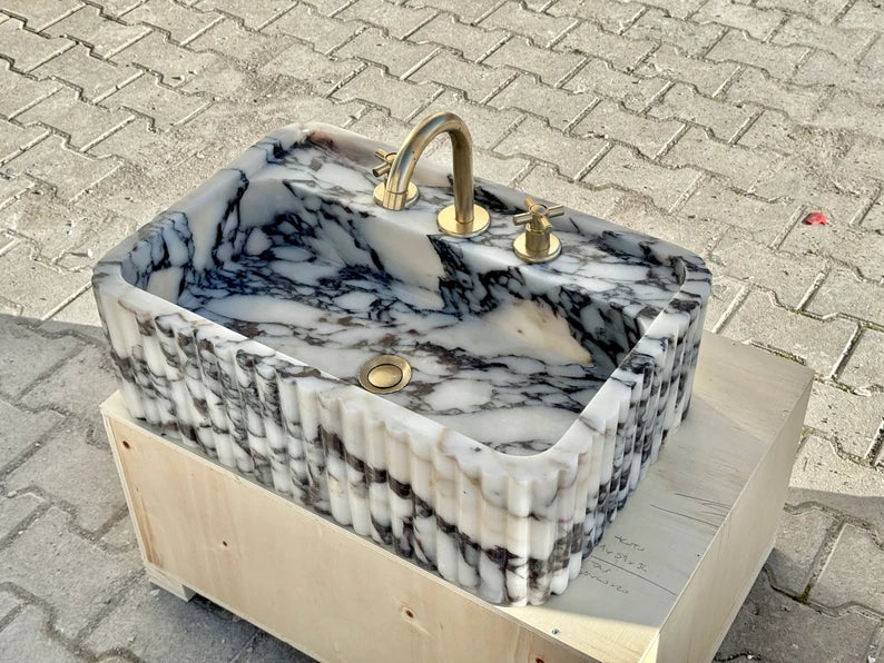 Calacatta Viola marble sink ribbed 3 Sides