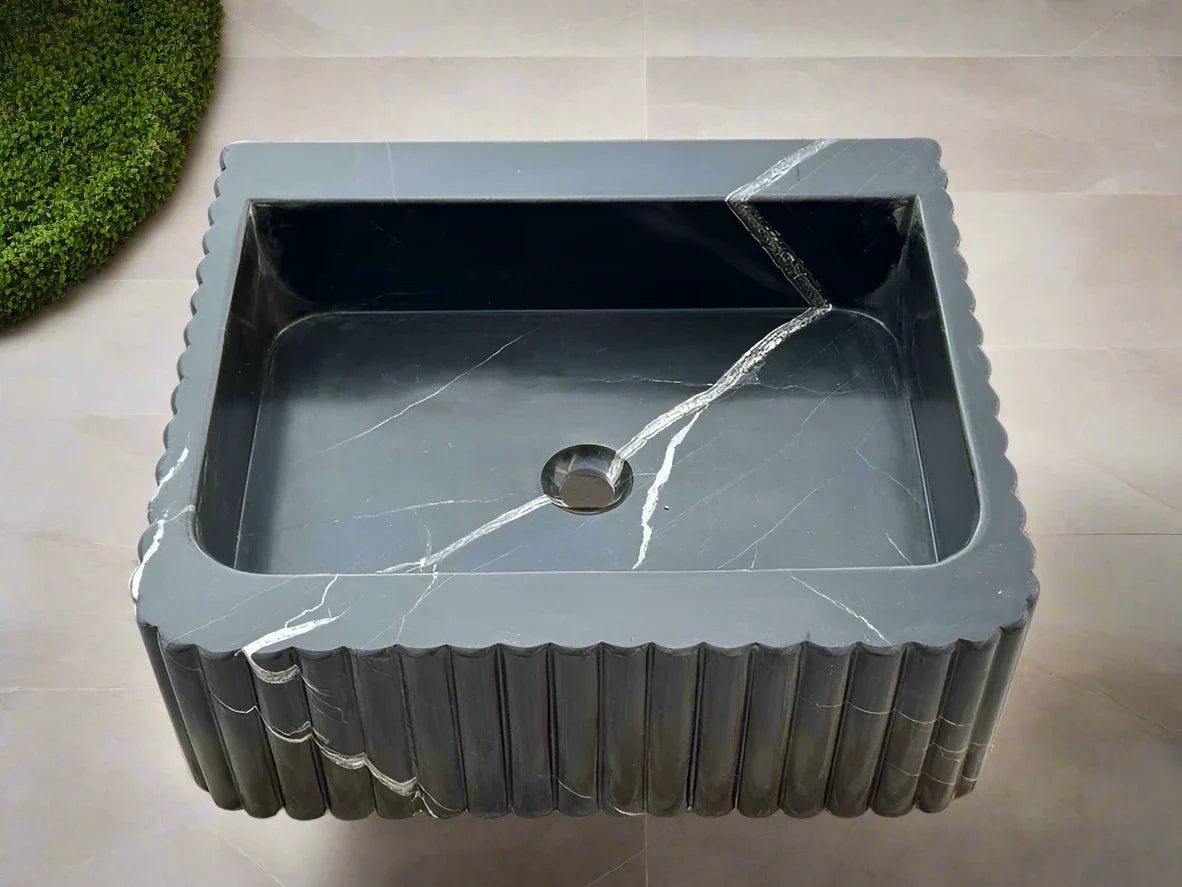 Frederico Black marble sink ribbed 3 Sides marble Wash basin