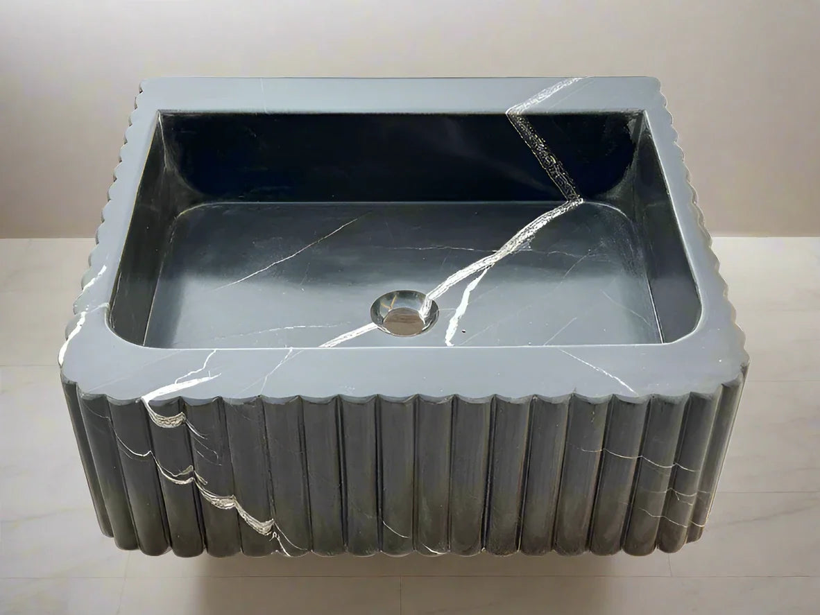 Frederico Black marble sink ribbed 3 Sides marble Wash basin