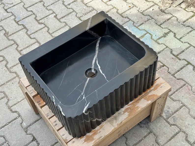 Frederico Black marble sink ribbed 3 Sides marble Wash basin