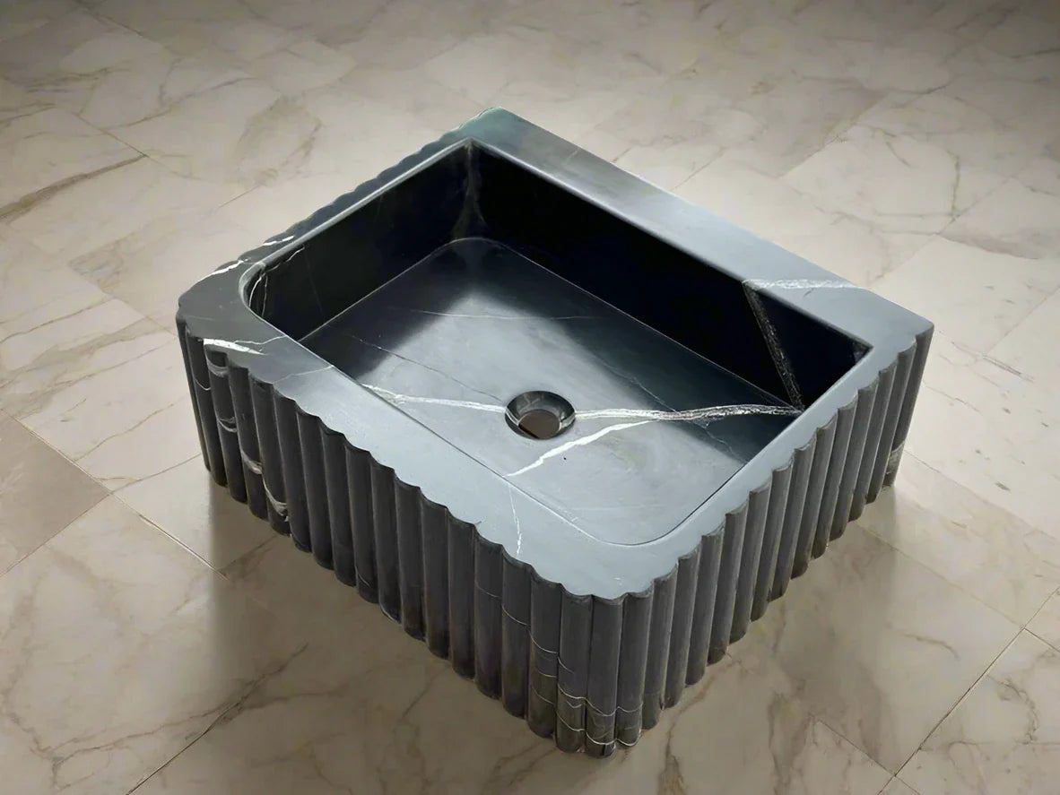 Frederico Black marble sink ribbed 3 Sides marble Wash basin