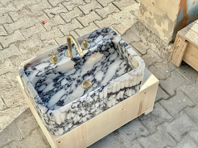 Calacatta Viola marble sink ribbed 3 Sides