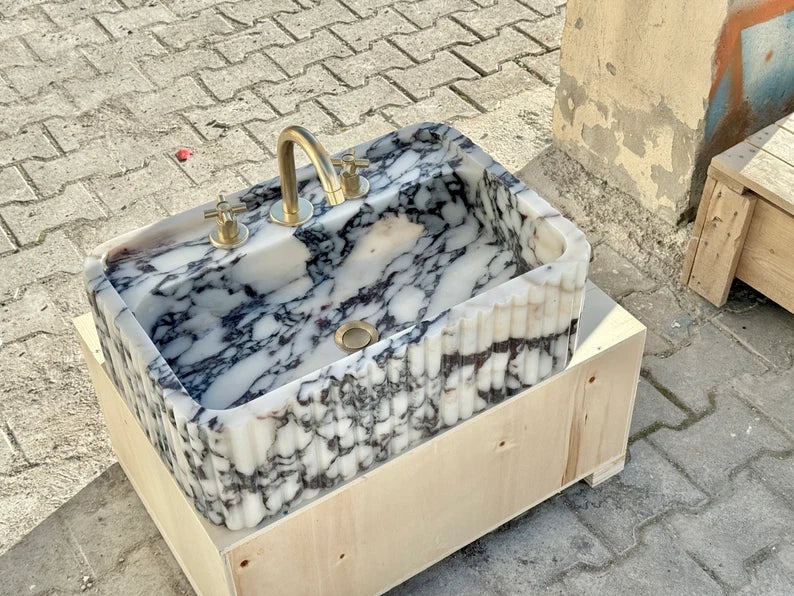 Calacatta Viola marble sink ribbed 3 Sides