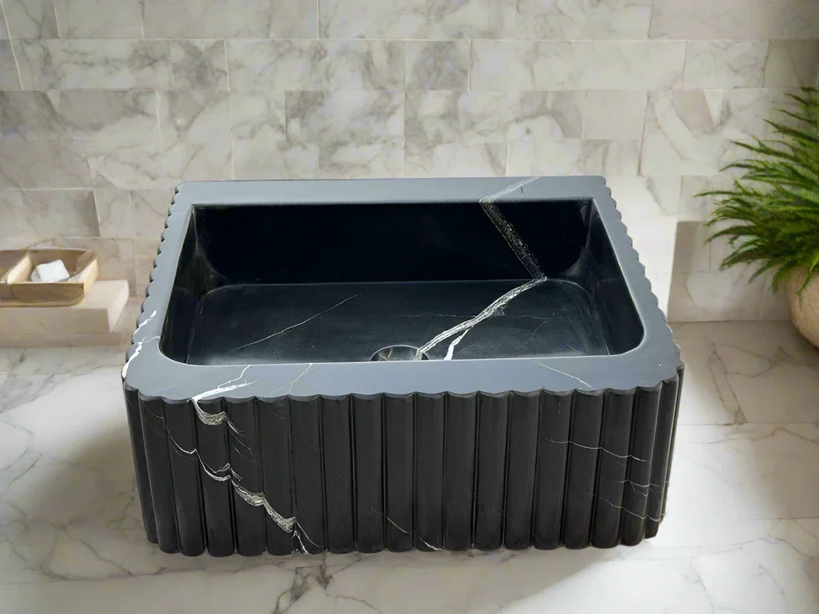 Frederico Black marble sink ribbed 3 Sides marble Wash basin