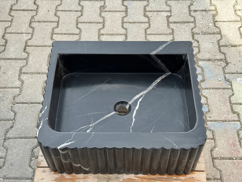 Frederico Black marble sink ribbed 3 Sides marble Wash basin