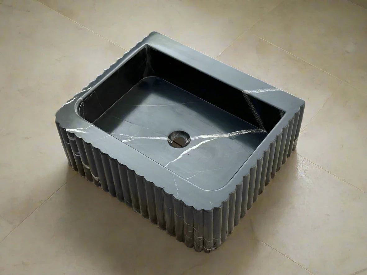 Frederico Black marble sink ribbed 3 Sides marble Wash basin