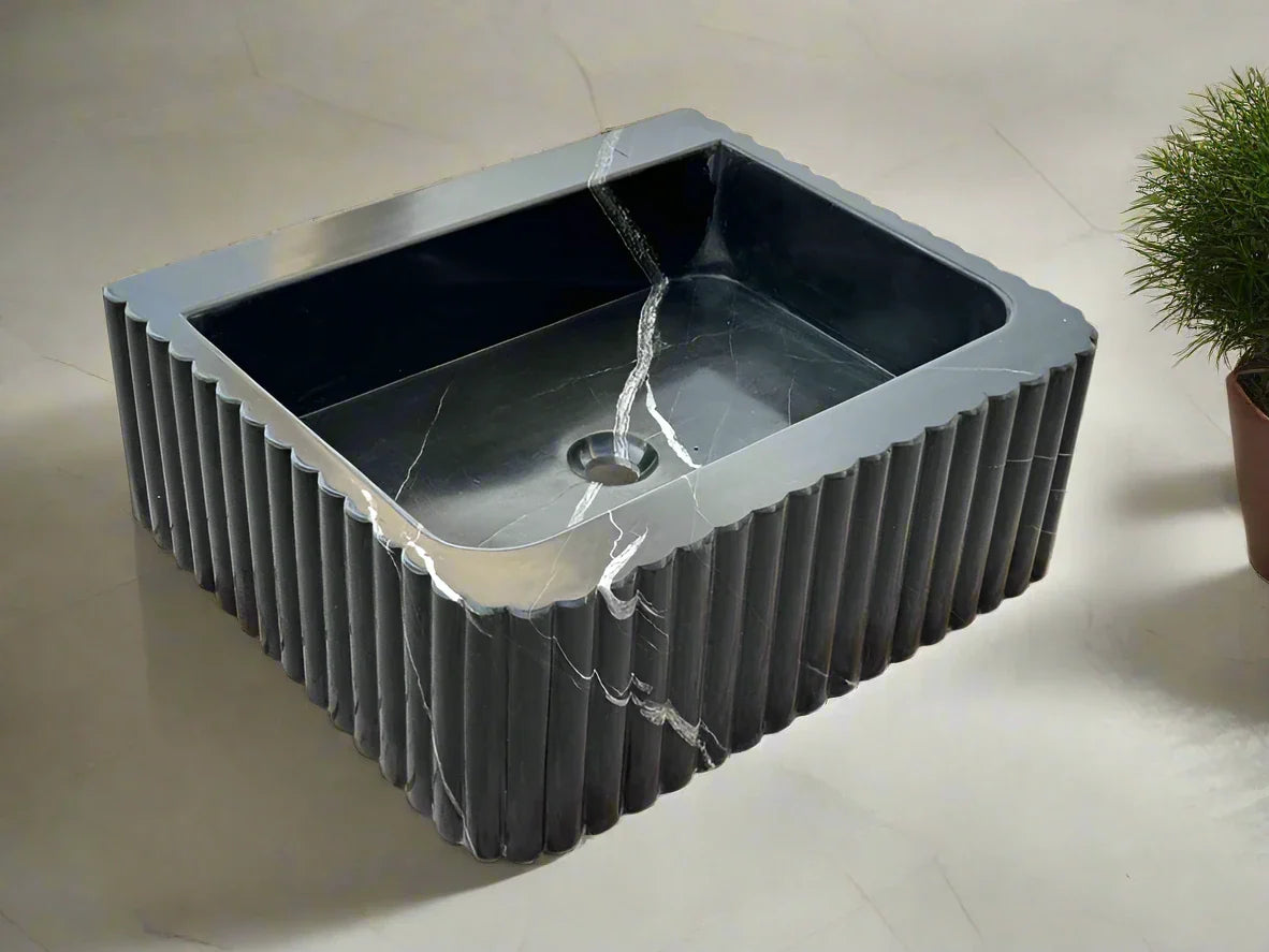 Frederico Black marble sink ribbed 3 Sides marble Wash basin
