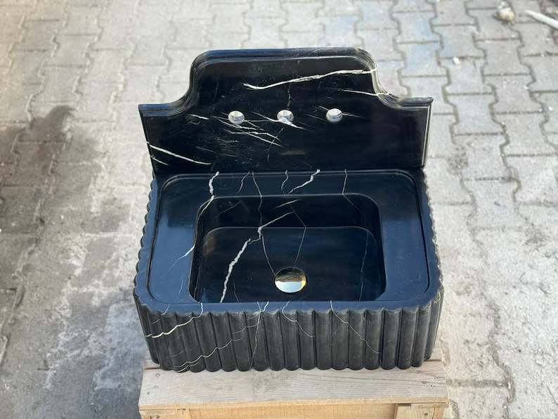 Barthélemy Nero Ribbed Marble Sink - Wall Mounted