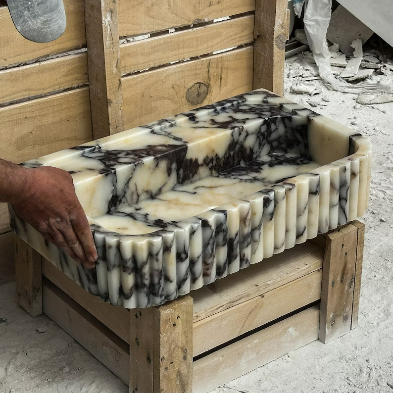 Giovanni Viola Marble Sink, Hand-Carved Wall Mount Design