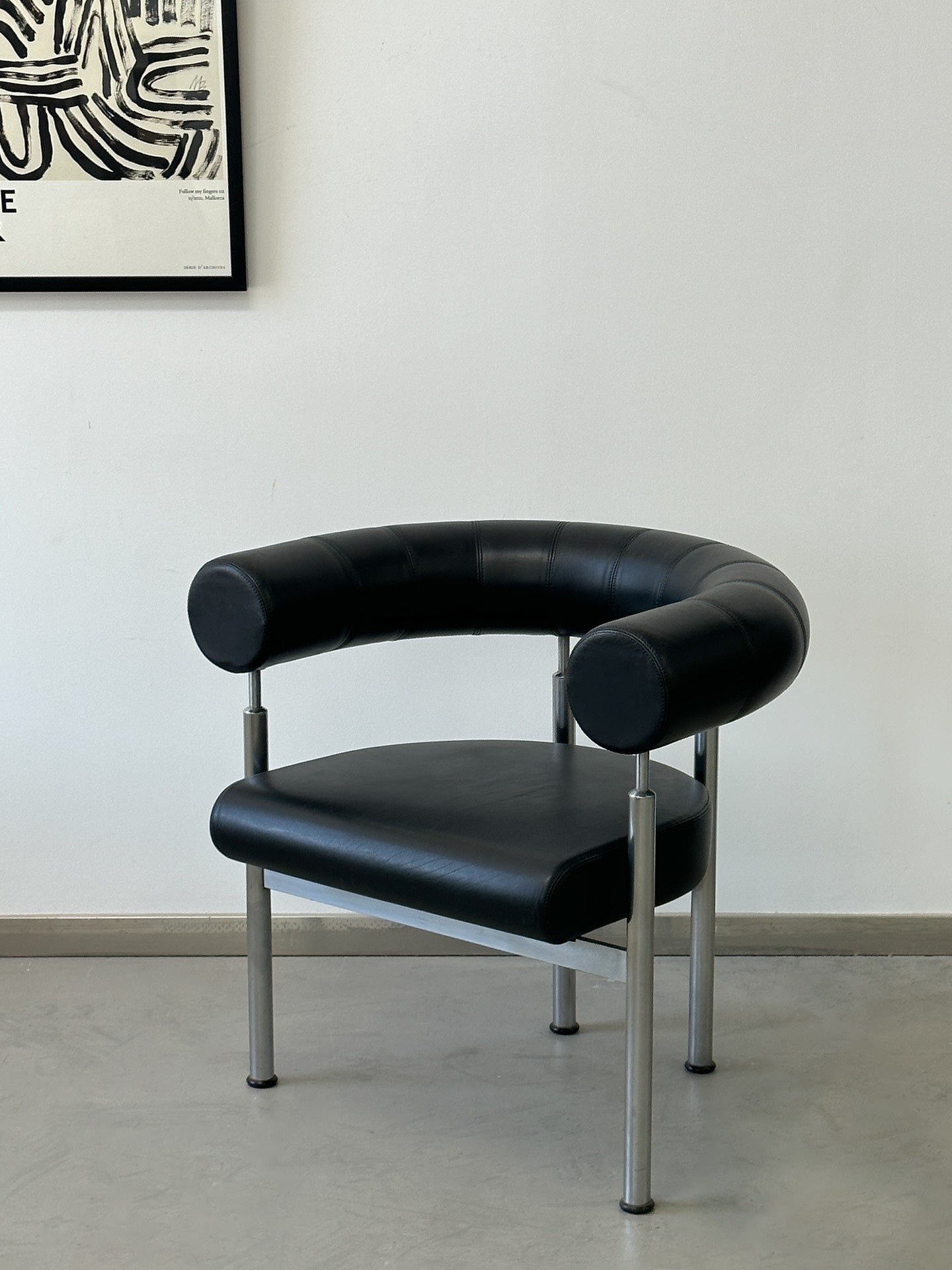 Danish Black Leather Metal Frame Bauhaus Style Single Lounge Chair by Johannes Foersom