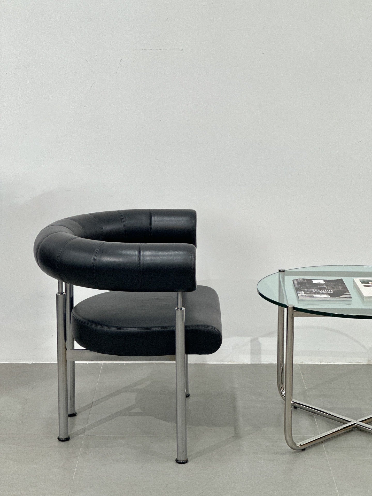 Danish Black Leather Metal Frame Bauhaus Style Single Lounge Chair by Johannes Foersom